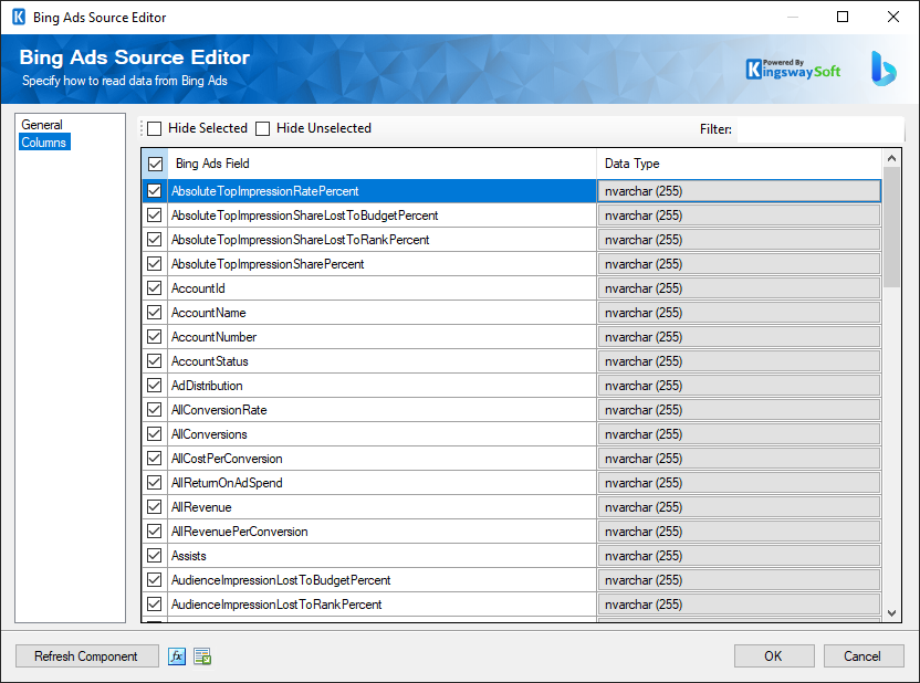 SSIS Bing Ads Source - Columns